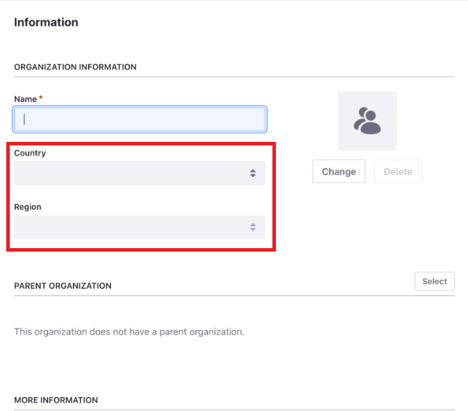 Gestión de organización. País y región